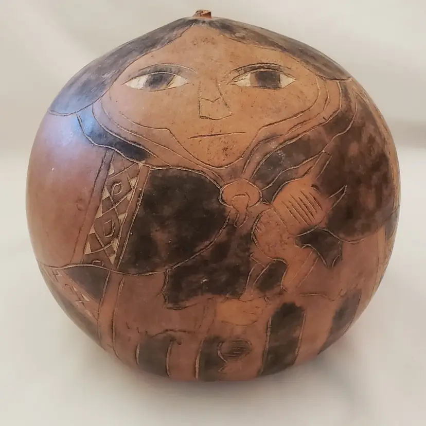 Hand Carved Gourd Woman Face Head w/ Braids Decorative Collectible 5.75" Vintage