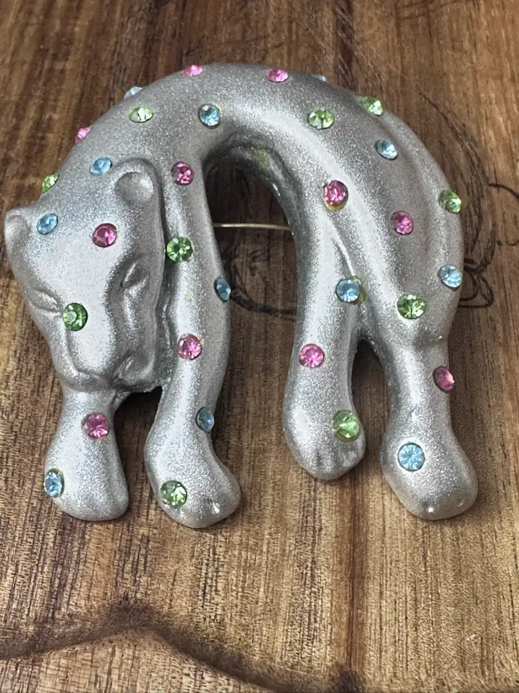 Cat Brooch Vintage Celluloid Cat Brooch Pin With Pink Blue And Green Rhinestones