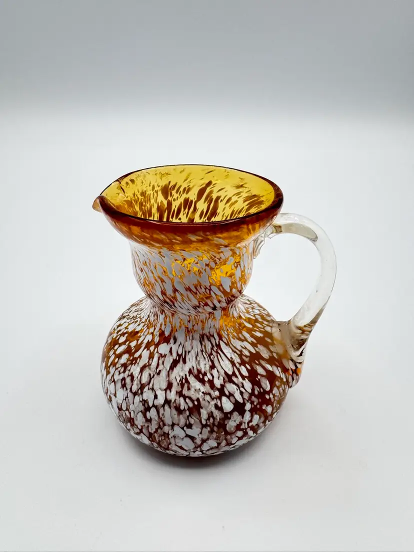 #13. Vintage Hand Blown Art Glass Small Pitcher Amber White Splatterware As Is