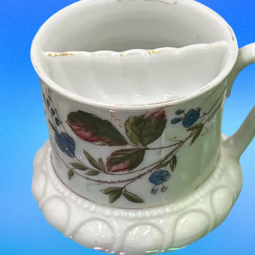 Antique Mustache Porcelain Mug With Florals Painted On Front, Minor Crazing See Pictures For Details