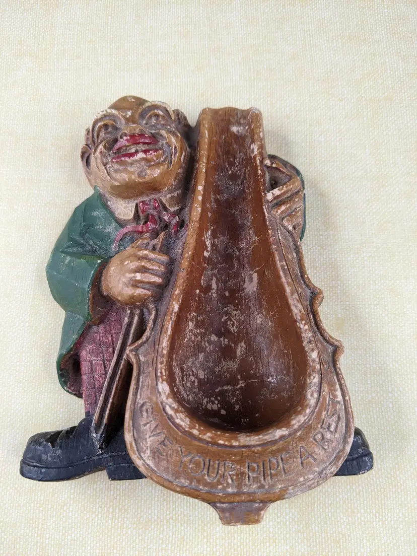 Antique Wood  Carved Pipe Holder Old Man Syroco Musician  AMERICANA Give Rest