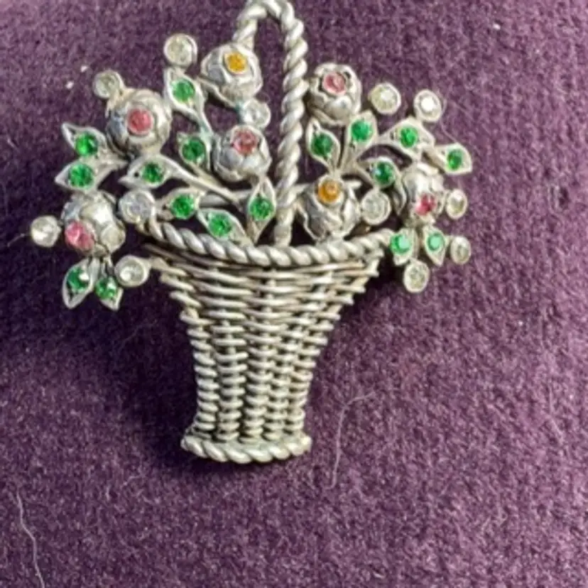 Antique 800 Silver Rhinestone Flower Basket Brooch - Circa 1910ish