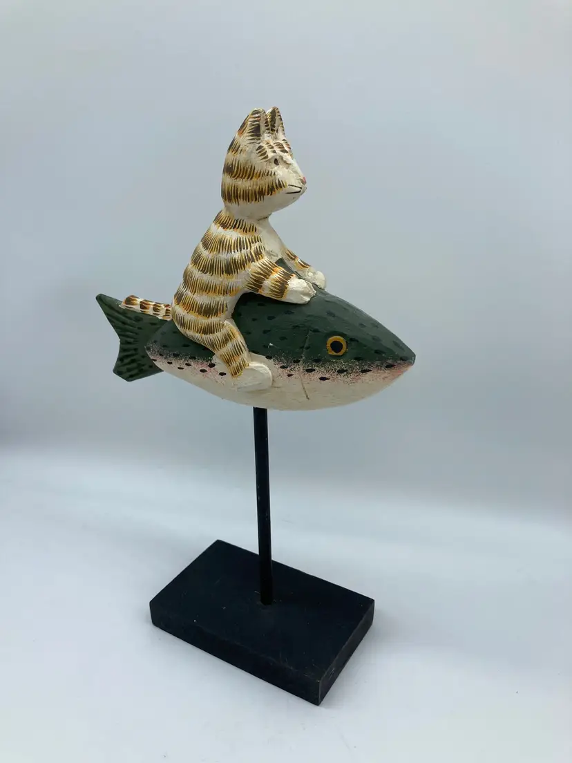 Wooden Cat Riding a Fish on a Stand, Made in the Philippines