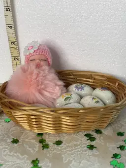 Vintage Basket Of ceramic Eggs With Doll