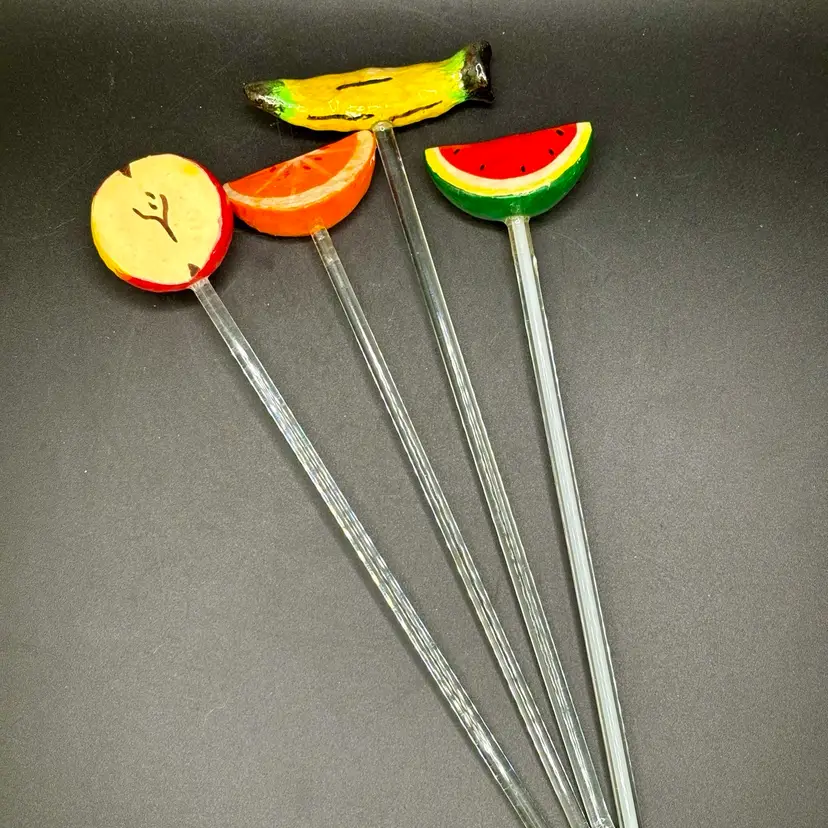 Paper Mache Glass Fruit Cocktail Stirrers Swizzle Sticks Set Of 4 8”