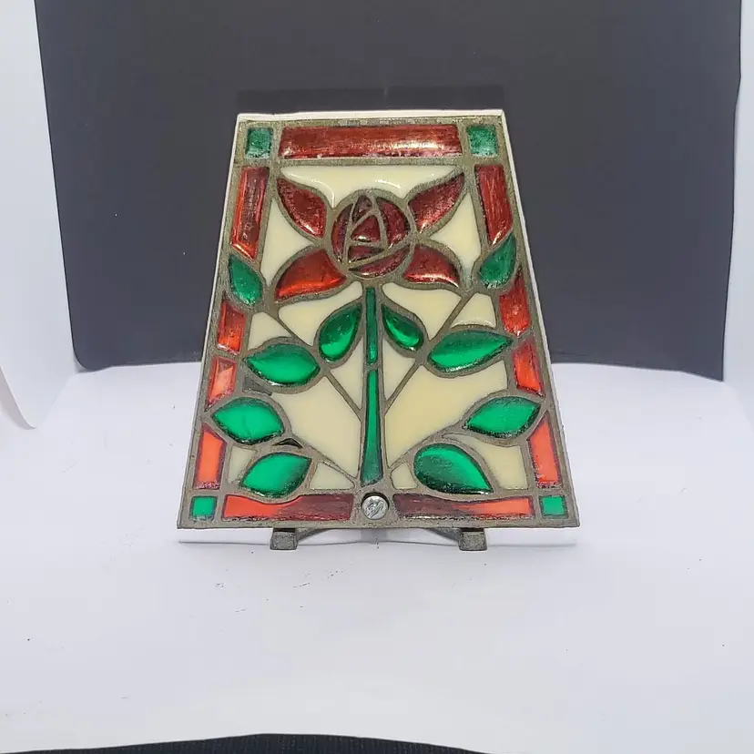 Vintage Stained Glass Rose Cast Iron Tealight Candle Holder 5.5 "