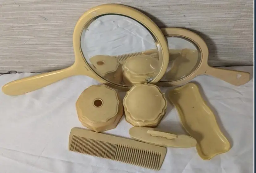 Lot Of Vintage - 'French Ivory' NOT REAL IVORY - Celluloid Dresser Set - Big Mirror has a Crack in the Glass