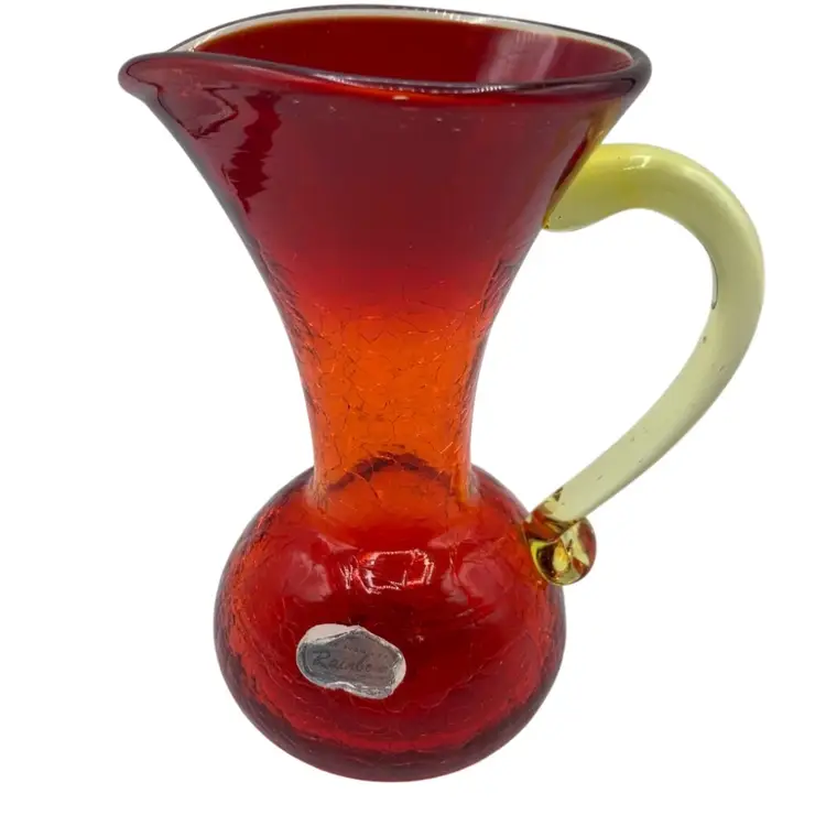 Vintage Rainbow Amberina Crackle Glass Pitcher Hand Blown Applied Handle MCM 1949-69