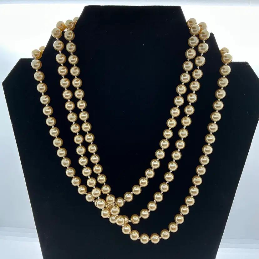 KJL Kenneth Jay Lane Faux Knotted Pearl 23k Plated Signature Necklace 3 Strand