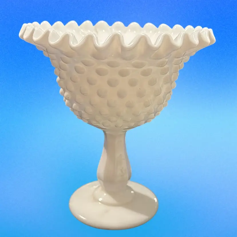 Fenton Milk Glass Hobnail Compote Pedestal Bowl Pinched Edge