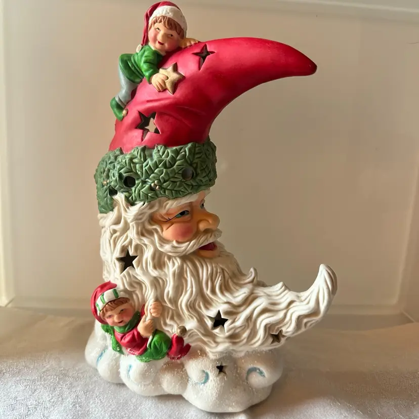 Vintage Ceramic Santa & Elves Crescent Moon Figurine*9”H* Great Detail 1994