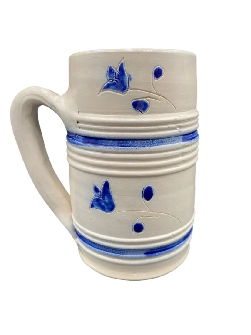 Vintage Williamsburg Pottery, Salt Glazed, Stein/Mug with Blue Flowers & Leaves