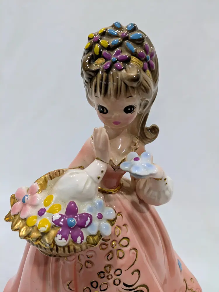 1960s Josef Originals Retro Girl Big Girl With Flowers Porcelain Doll Figurine Japan