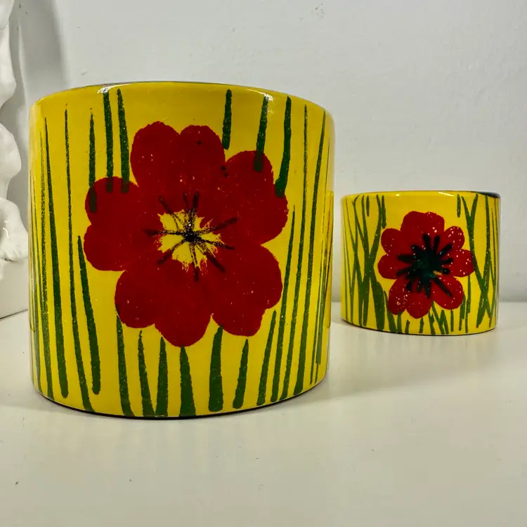 ITALIAN Ceramic FLOWER POTS/Planters Hand Painted Pair 90s ITALY Spring Decor