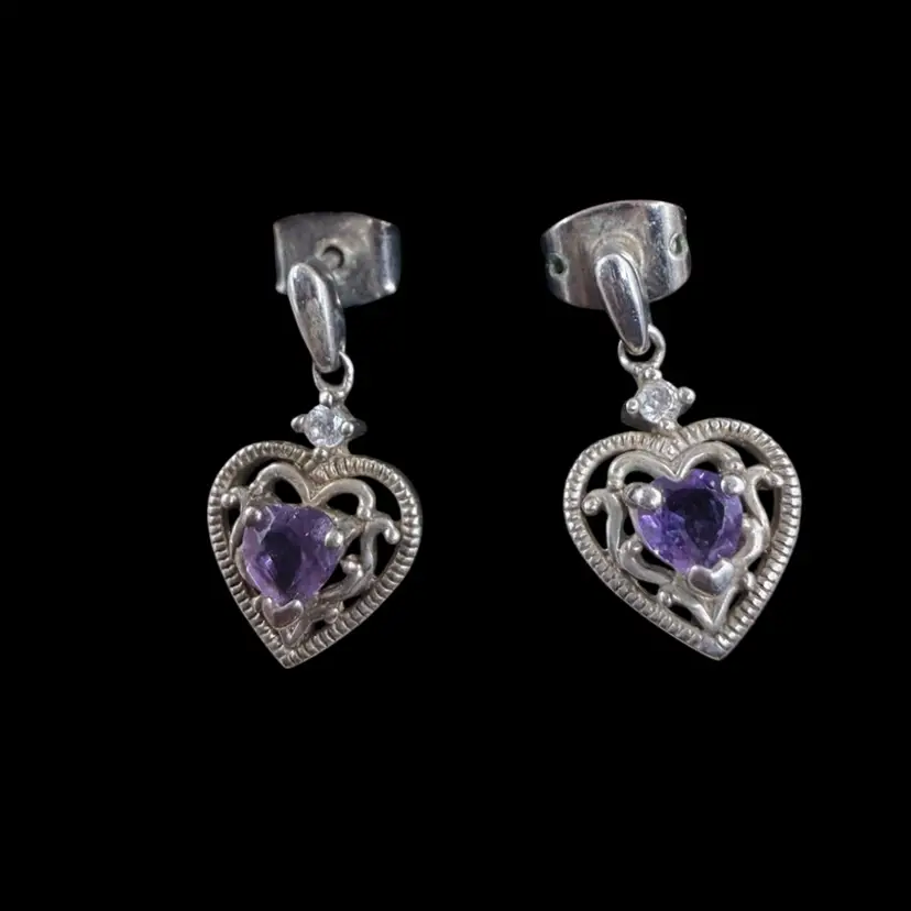 Sterling Silver And Amethyst Heart Dangle Earrings