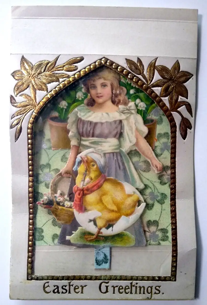 Easter Postcard Foldout 3-D Clear Window Victorian Girl Baby Chick Basket Diecut