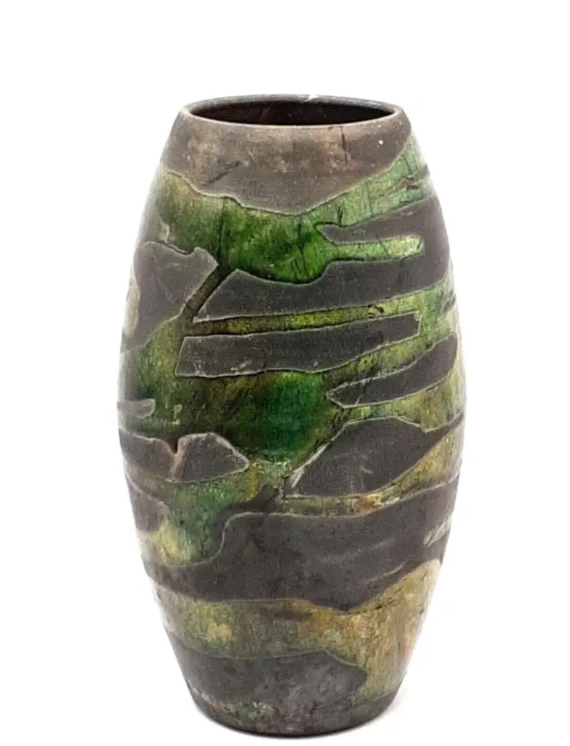RAKU Pottery Vase Signed Ron Andress Bucks County PA Black And Green