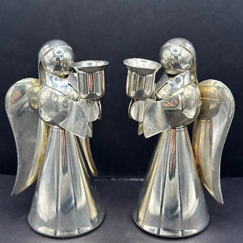 (2) Christmas Angels Candle Holders Silverplated on Brass 4.5” MCM  Ex Condition