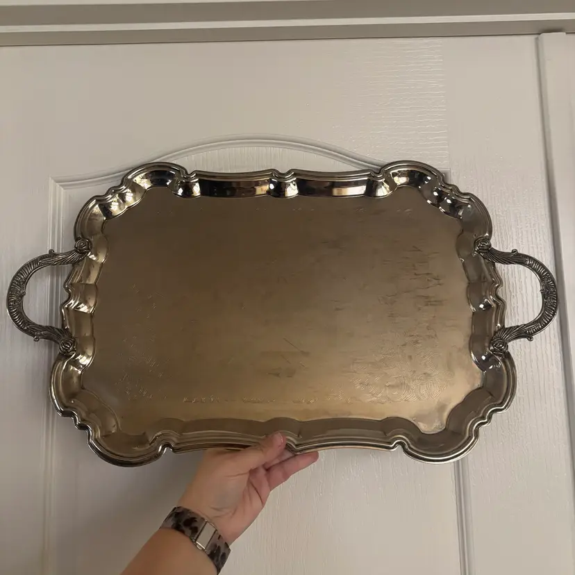Vintage Silver Plated Ornate Rose Handled Footed Serving Tray