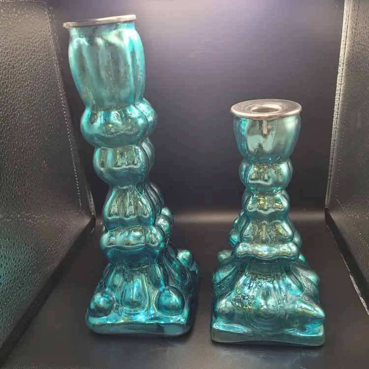 Pair of Blue Mercury Glass Candlesticks 7 inches and 10 inches