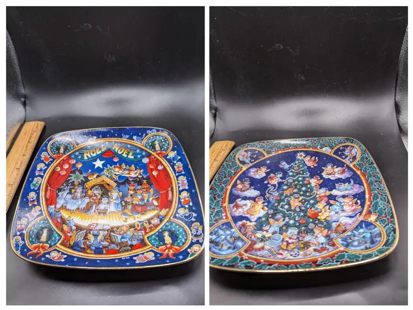 Vintage Lot of 2 Franklin Mint Heirloom Christmas Plates Designed by Bill Bell "Noel Noel" and "Trimmed to Purr-fection".