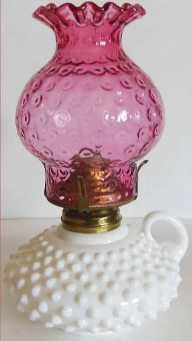 Vintage Fenton Hobnail Milk Glass Oil Lamp Base & VERY RARE Inverted Antique Hobnail Cranberry Glass Shade