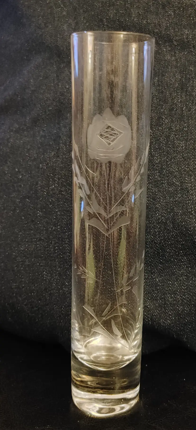 Glass Vase with Etched Flowers. 8 inches high. No chips or cracks.