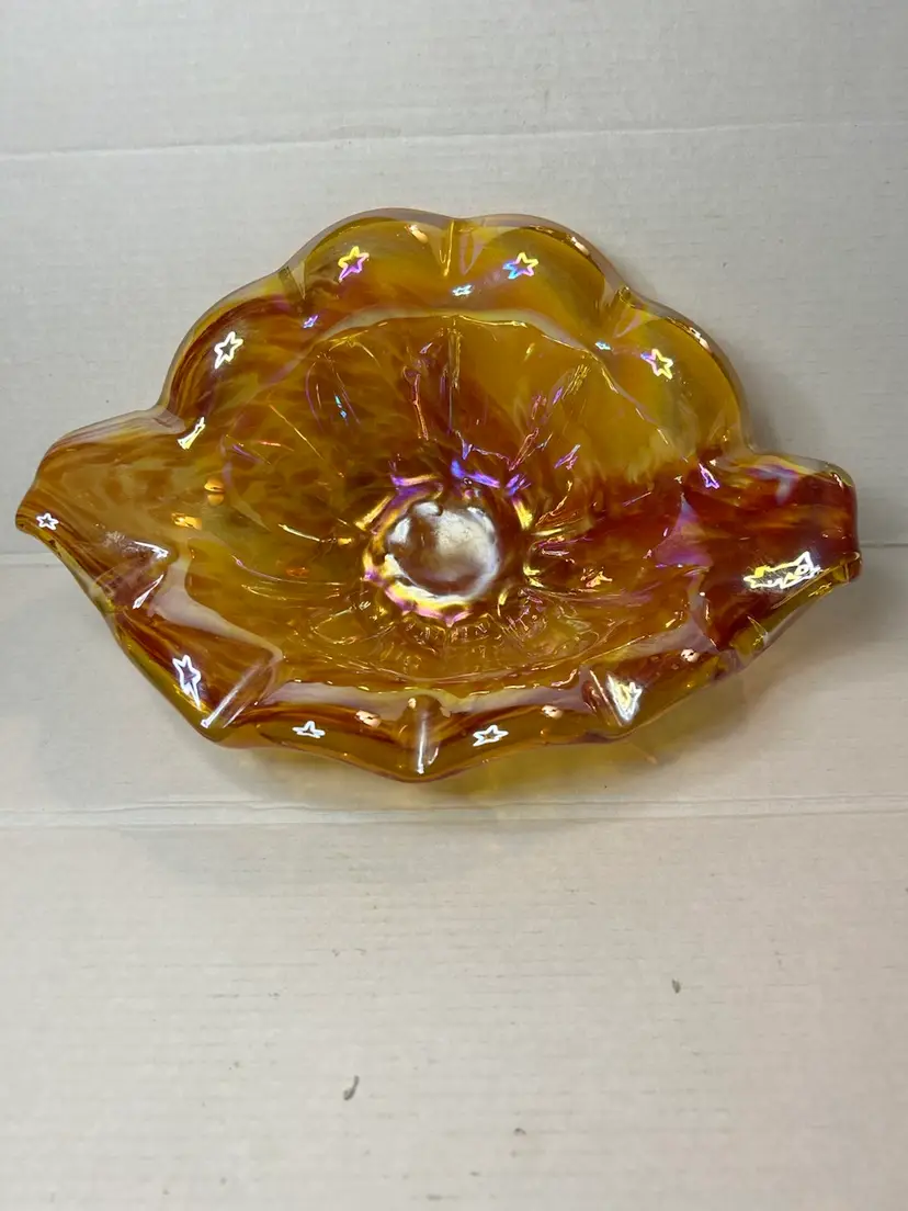 Vintage Murano White Cristal Art Glass Amber Carnival Scalloped Glass Bowl