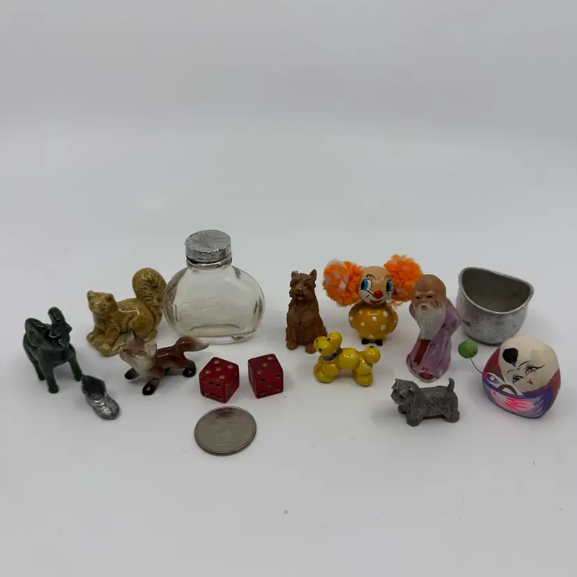 14 Pc Mini Figurine Lot Glass,ceramic, Metal, Resin Printers Drawer Decor