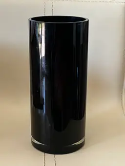 Large Black Cylindrical Glass Vase, 9.75" Tall, 4.5" Diameter