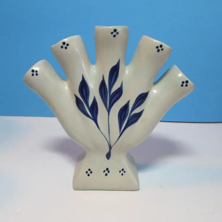 as is vintage salt glazed pottery 5 finger vase fan trumpet design
