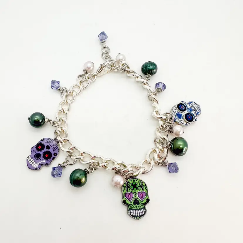 Sugar Skull Bracelet, Pearl Accents