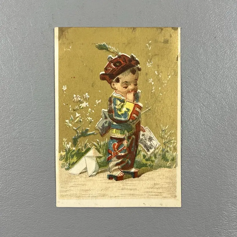 Victorian Trade Card Boy Asian Attire R&J Gilchrist Dry Goods Boston MA 3x4"