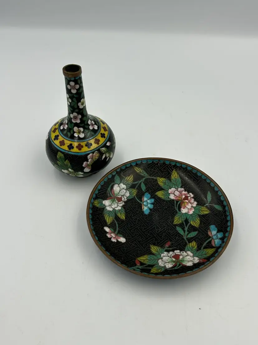 Vintage 2 Piece Cloisonné Set Small Vase & Plate READ MORE