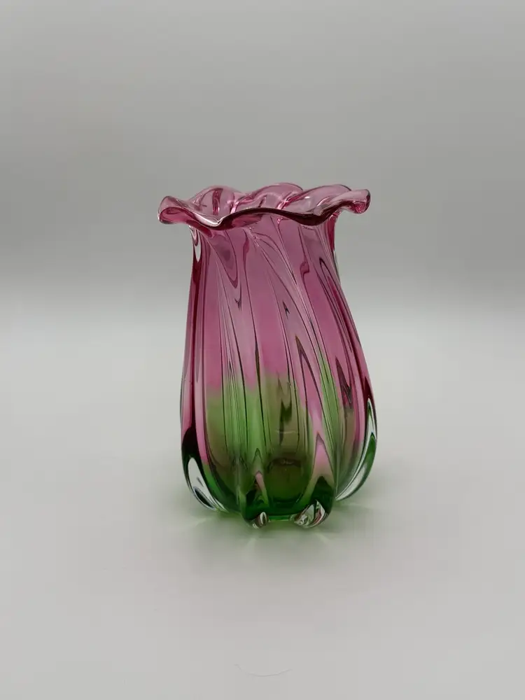 Vintage Teleflora Handblown Art Glass Vase Watermelon Cranberry Pink Swirl 8”