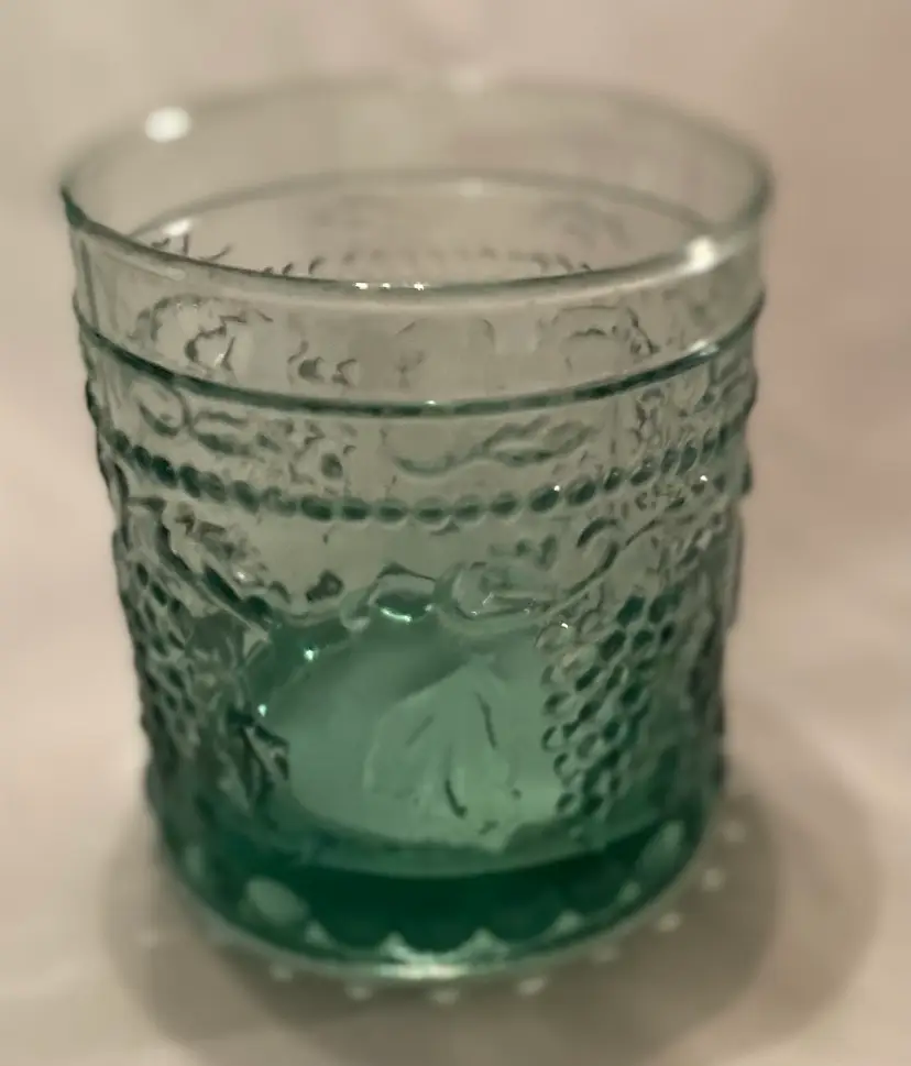 Blue Green Low Ball Cocktail Tumbler Pressed Grape and Leaf Pattern
