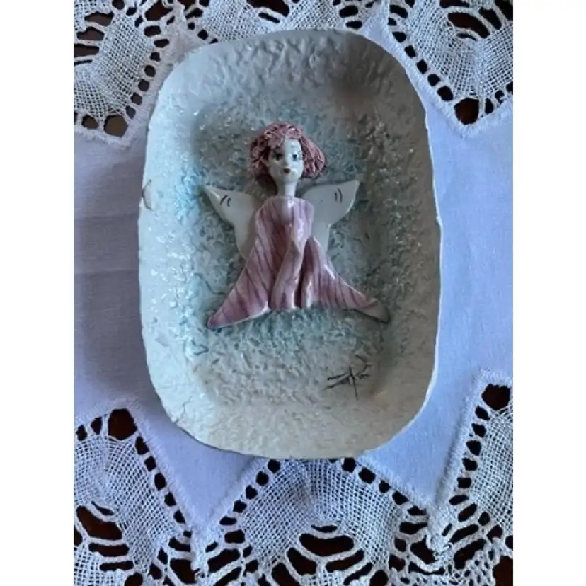 Delightful Lino Zampiva Italian Pottery Trinket Dish, Featuring a Ceramic Angel with "Spaghetti Hair"