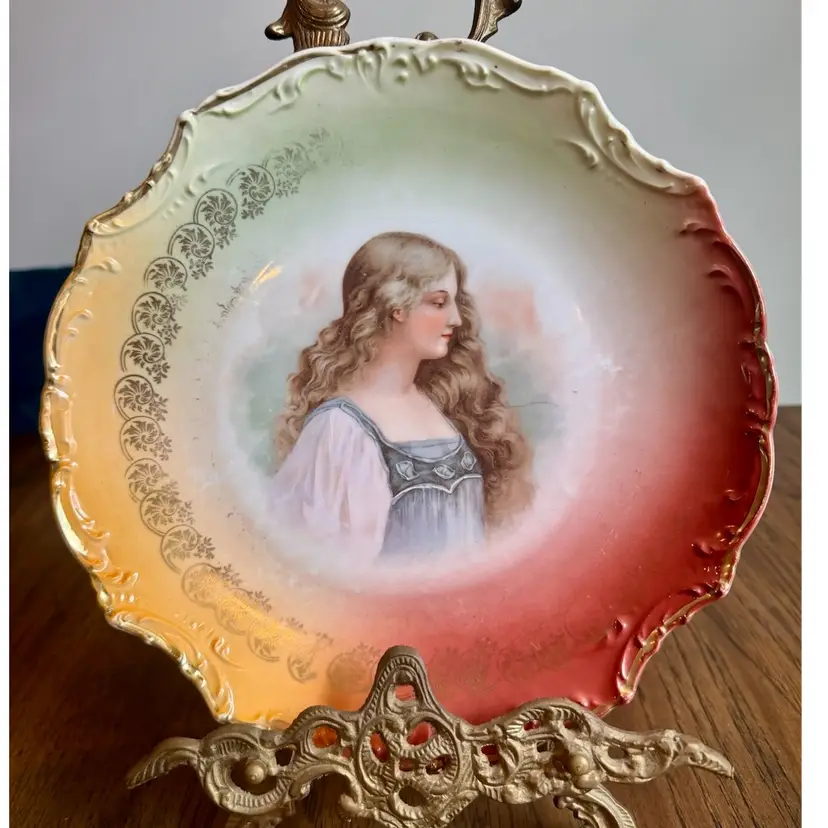 12” ANTIQUE BLENHEIM CHINA PLATE WOMAN BUST PORTRAIT GERMANY some GOLD TRIM is missing due to age