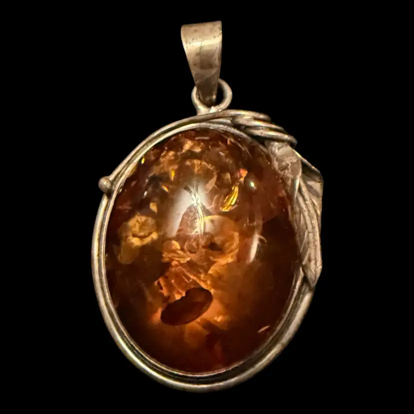 Amber & Sterling Silver Pendant 1.75”
