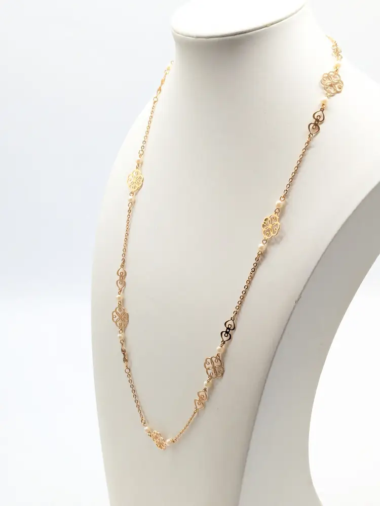Delicate Gold Tone Filigree and Faux Pearl Chain Necklace