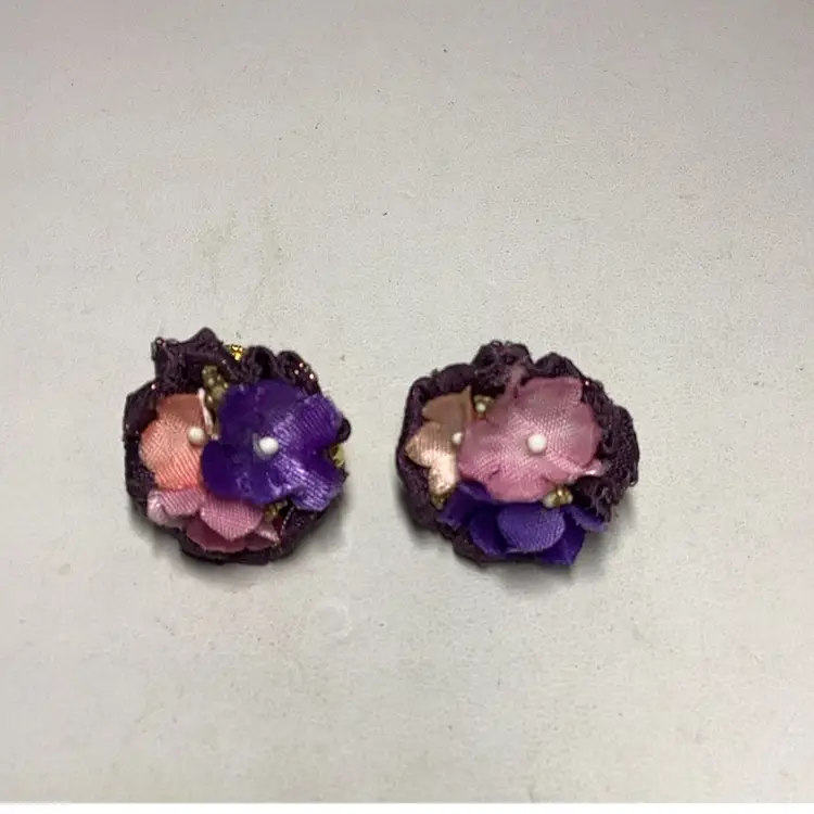 Purple Pink Silk Flower Clipon Earrings 1/2”