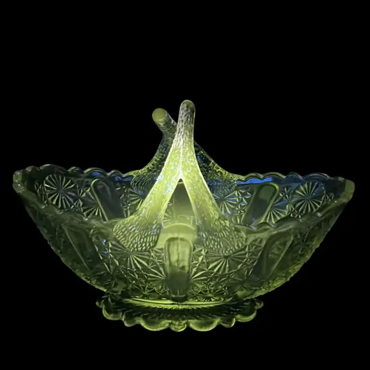 Vintage Fenton Daisy & Button Olive Green Glass Basket: 6”x 4”x 2.75”