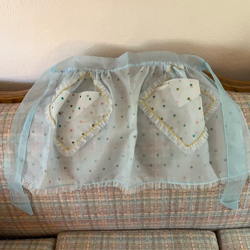 Vintage Half Apron-Baby Blue Sheer Nylon Fabric w/ Colorful Polka Dots, Lace & Pretty Pockets