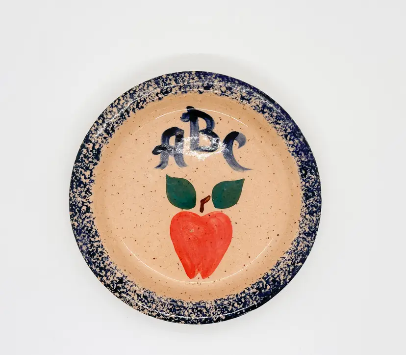 Vintage 1994 Three Rivers Pottery Coshocton OH Handmade Sponge Teacher Apple ABC