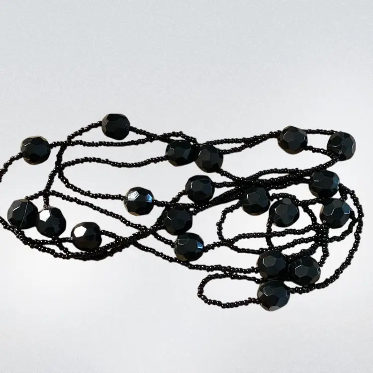 Black Seed  And Black Faceted Bead Necklace One Strand 58 Inches Long. No Clasp