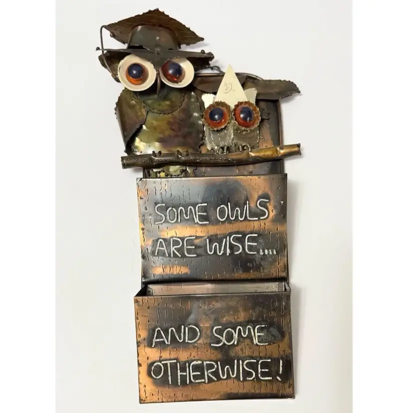 MCM 1978 Enesco Made In Hong Kong Metal Owl Letter Holder"Some Owls Are Wise..."