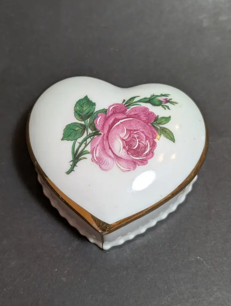 Elfinware Germany Porcelain Heart Shaped Trinket Box Pink Rose