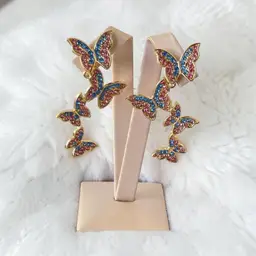 Colorful Butterfly Dangle Earrings Gold Tone Pink Blue Rhinestone Statement Drop
