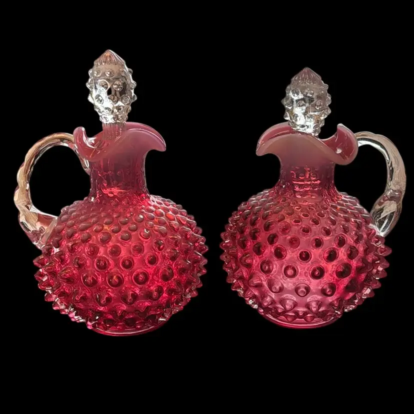 Fenton Opalescent Cranberry Hobnail Cruet Set With Stoppers