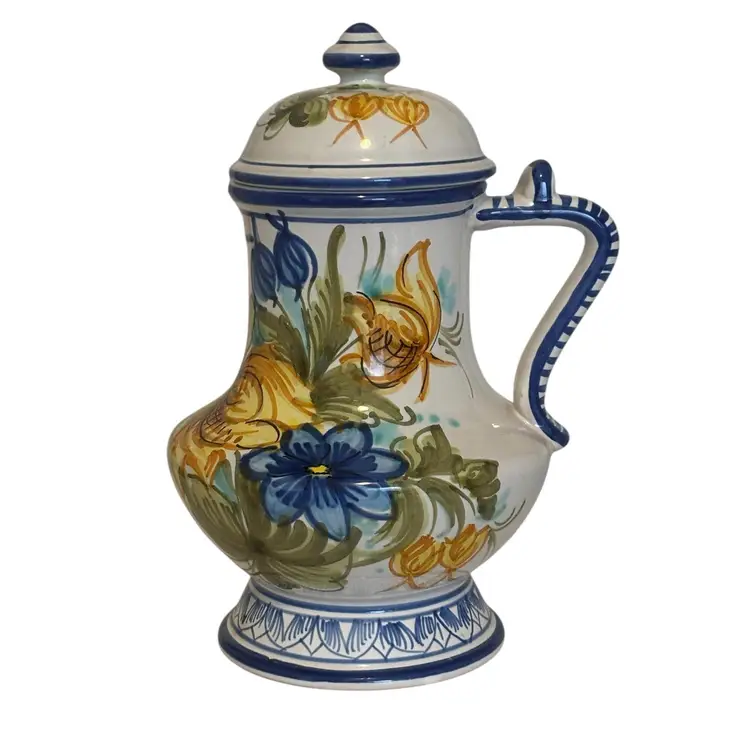 Castelli Italy Floral Pitcher with Lid Marked Blue White Yellow 8 1/4"